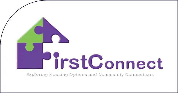 FirstConnect logo: house puzzle pieces with tagline about housing and community.