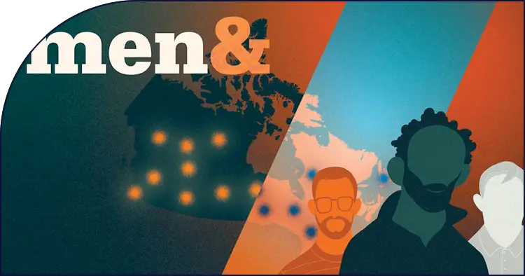 Stylized illustration of diverse men with geographic and urban elements.